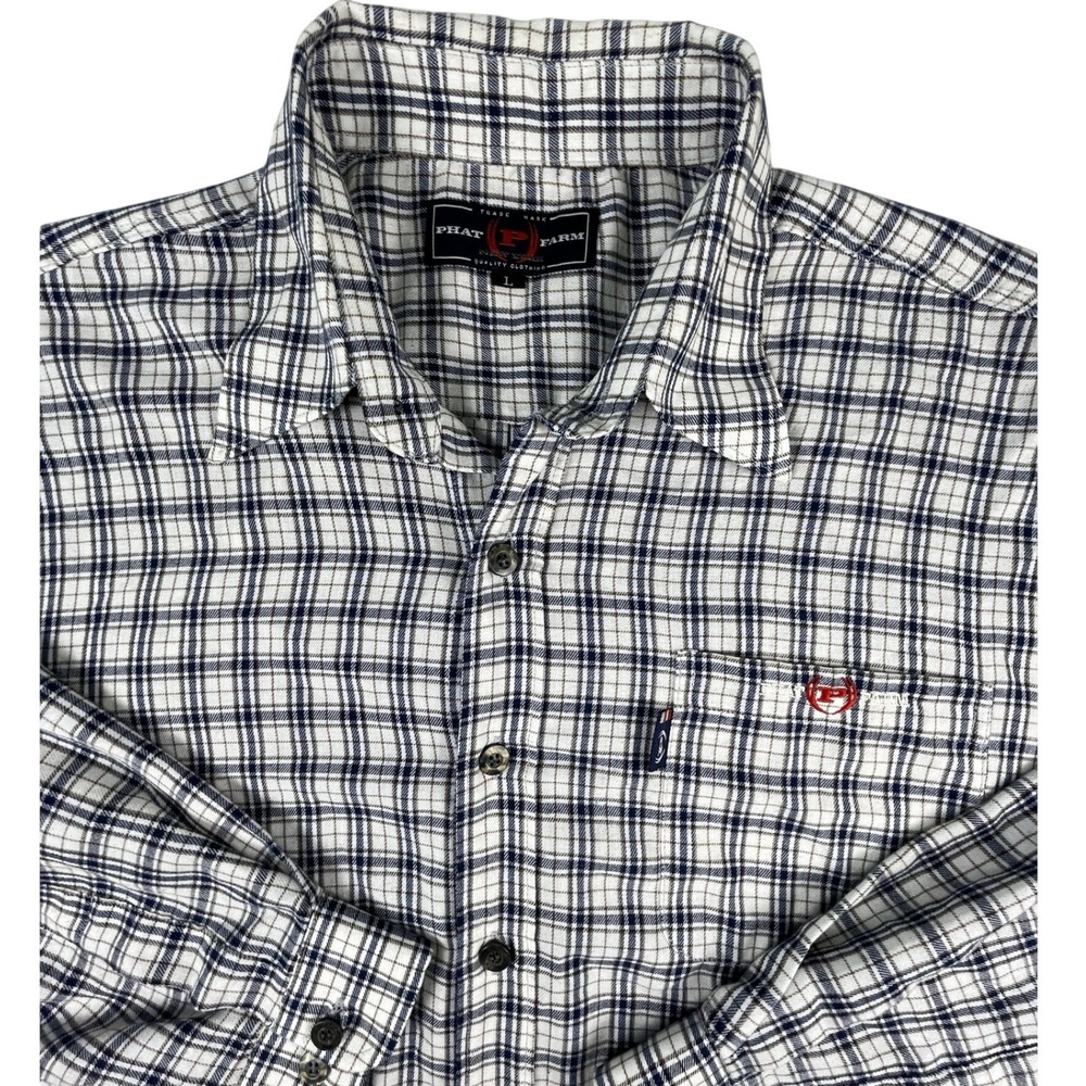 Phat Farm Button Down Men L White Plaid Long Sleeve Pocket Logo Vintage Shirt